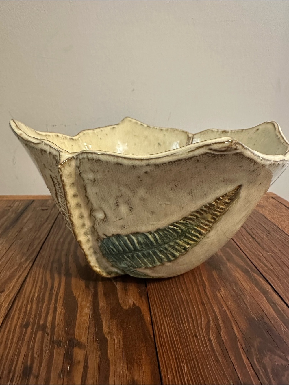 Handmade Cream Ceramic Decorative Bowl with Green Leaf Detail